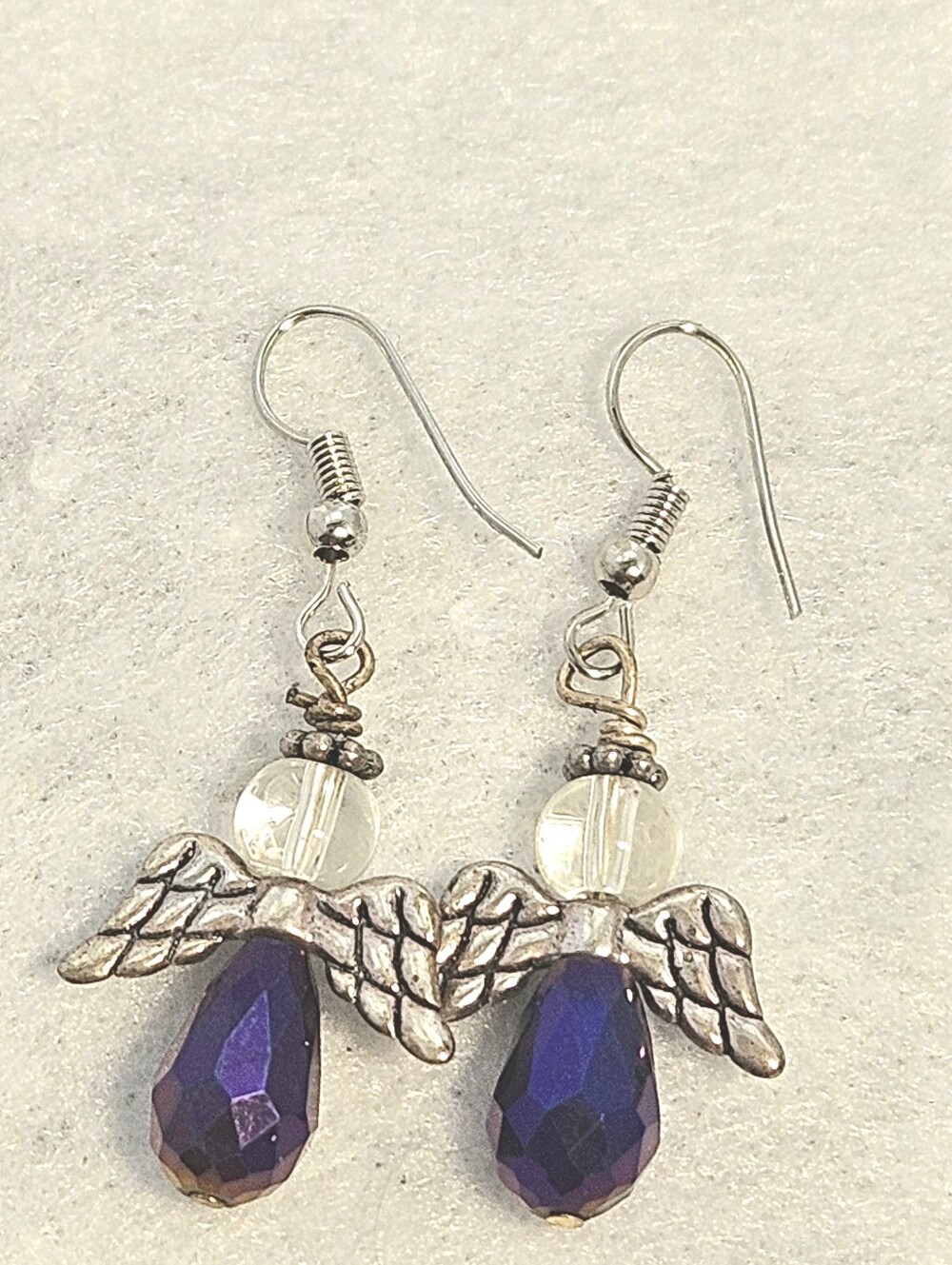 Hand Crafted Elegant Silver-Tone Angel Earrings with Faceted Purple Drop